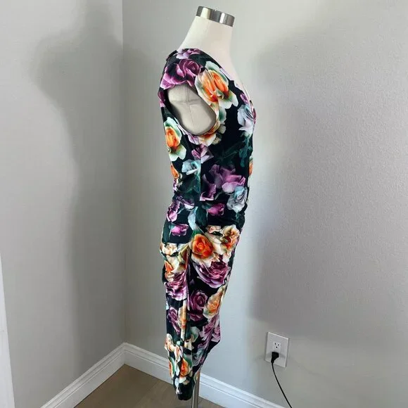 Artelier Nicole Miller Womens 10 Knit Floral Ruched Cap Sleeve Bodycon Dress - Picture 3 of 9